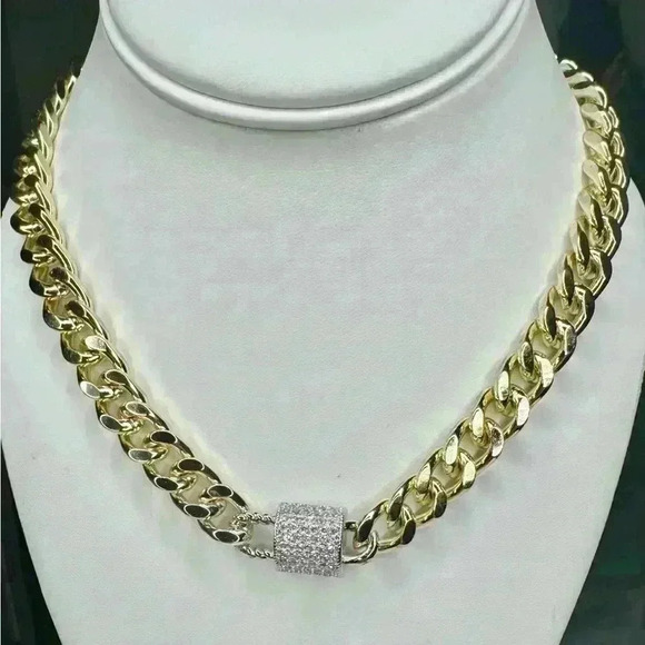 Gold Chunky Pave Lock On Cuban Link Chain Magnetic Closure - Picture 2 of 4